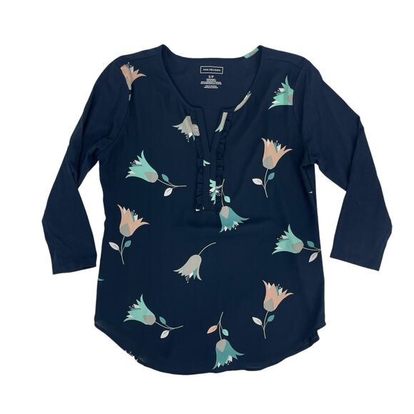Van Heusen Women’s Blue Floral V-Neck 3/4 Sleeve Mixed Media Blouse Size Small S - Picture 7 of 8